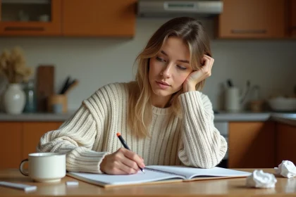 Femme écrivant un poème pour ses parents dans un carnet ouvert sur une table en bois, atmosphère chaleureuse et intime