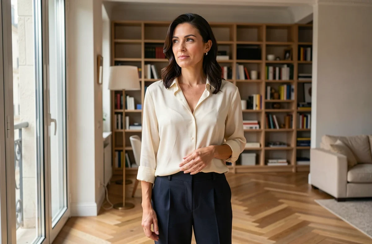 Femme élégante dans un appartement parisien moderne, atmosphère intime et contemporaine