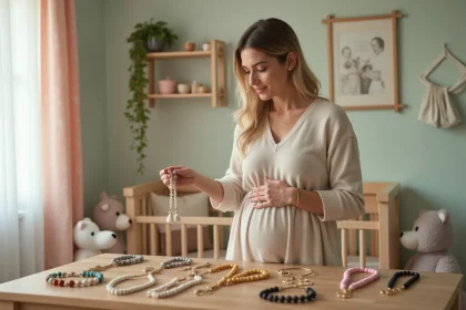 Femme enceinte examine un bola dans une nurserie douce