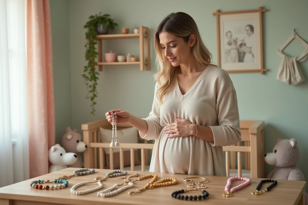 Femme enceinte examine un bola dans une nurserie douce