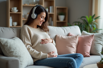Femme enceinte souriante écoute de la musique en se relaxant