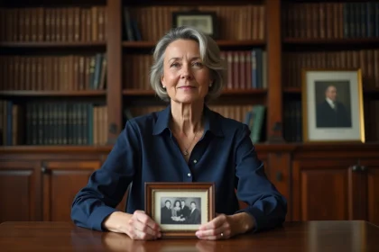 Femme d'&acirc;ge moyen tenant une photo de famille dans un bureau chaleureux