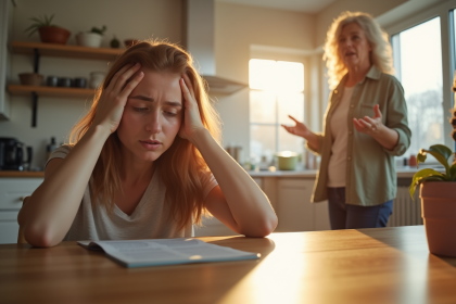Femme fatiguée à la cuisine avec sa mère en arrière-plan