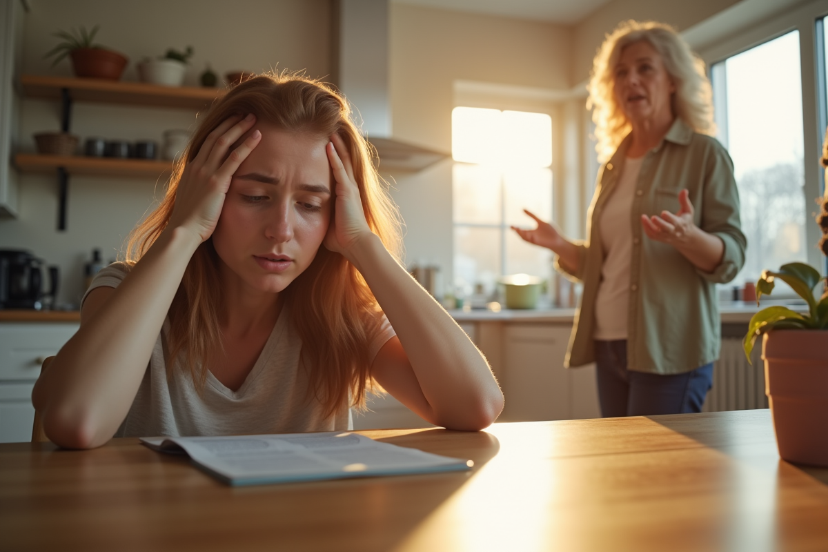 Femme fatiguée à la cuisine avec sa mère en arrière-plan