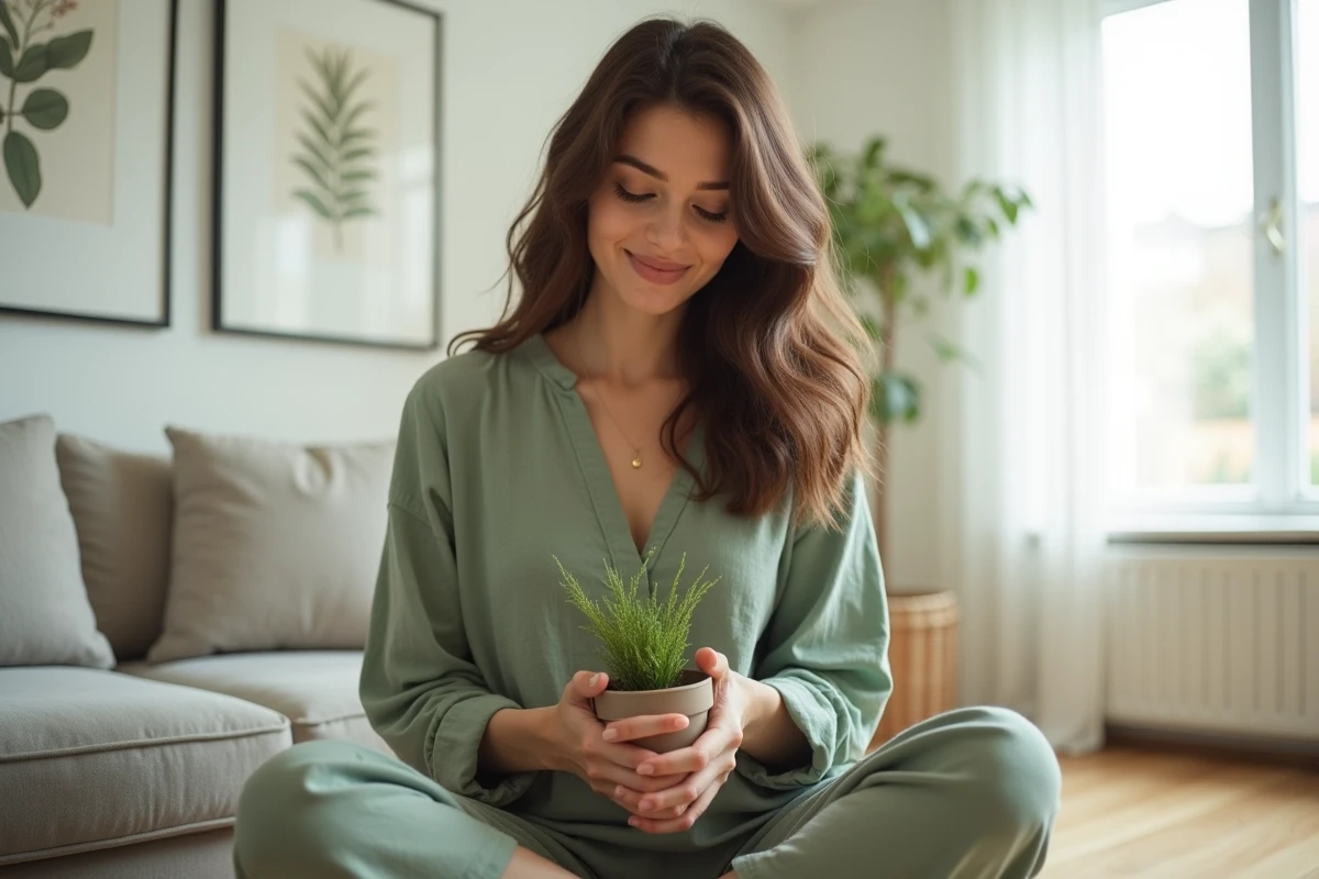 Femme sereine dans un intérieur minimaliste tenant une plante, symbolisant le désir de maternité et de vie familiale