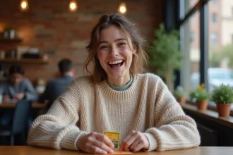 Jeune femme souriante en train de gratter un jeu à gratter personnalisé dans un café branché