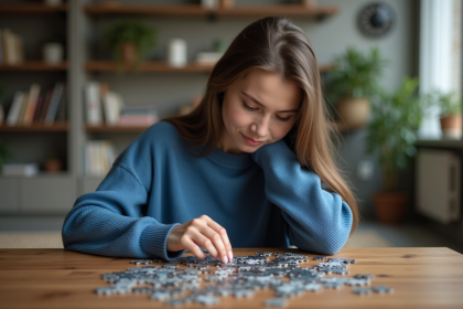 Jeune femme concentrée sur un puzzle dans un salon cosy