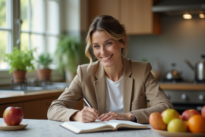 Femme d'&acirc;ge moyen journalisant dans sa cuisine moderne