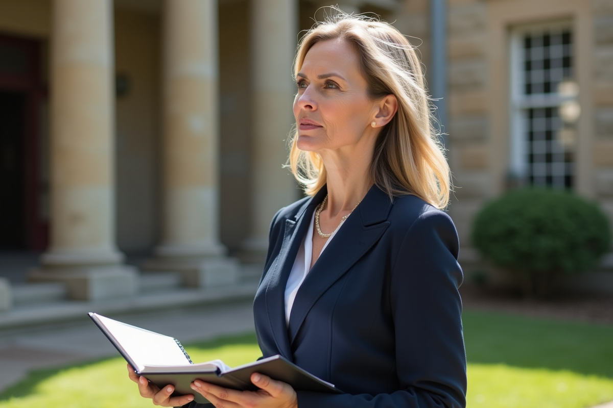 Femme confiante en costume navy devant bâtiment historique