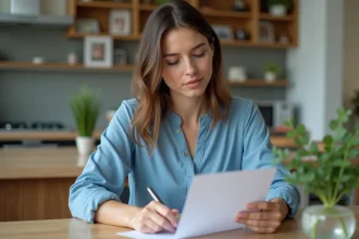 Femme pensante lisant une lettre dans la cuisine lumineuse