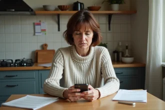 Femme d'âge moyen vérifiant son smartphone à la maison