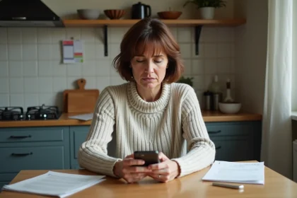 Femme d'&acirc;ge moyen v&eacute;rifiant son smartphone &agrave; la maison