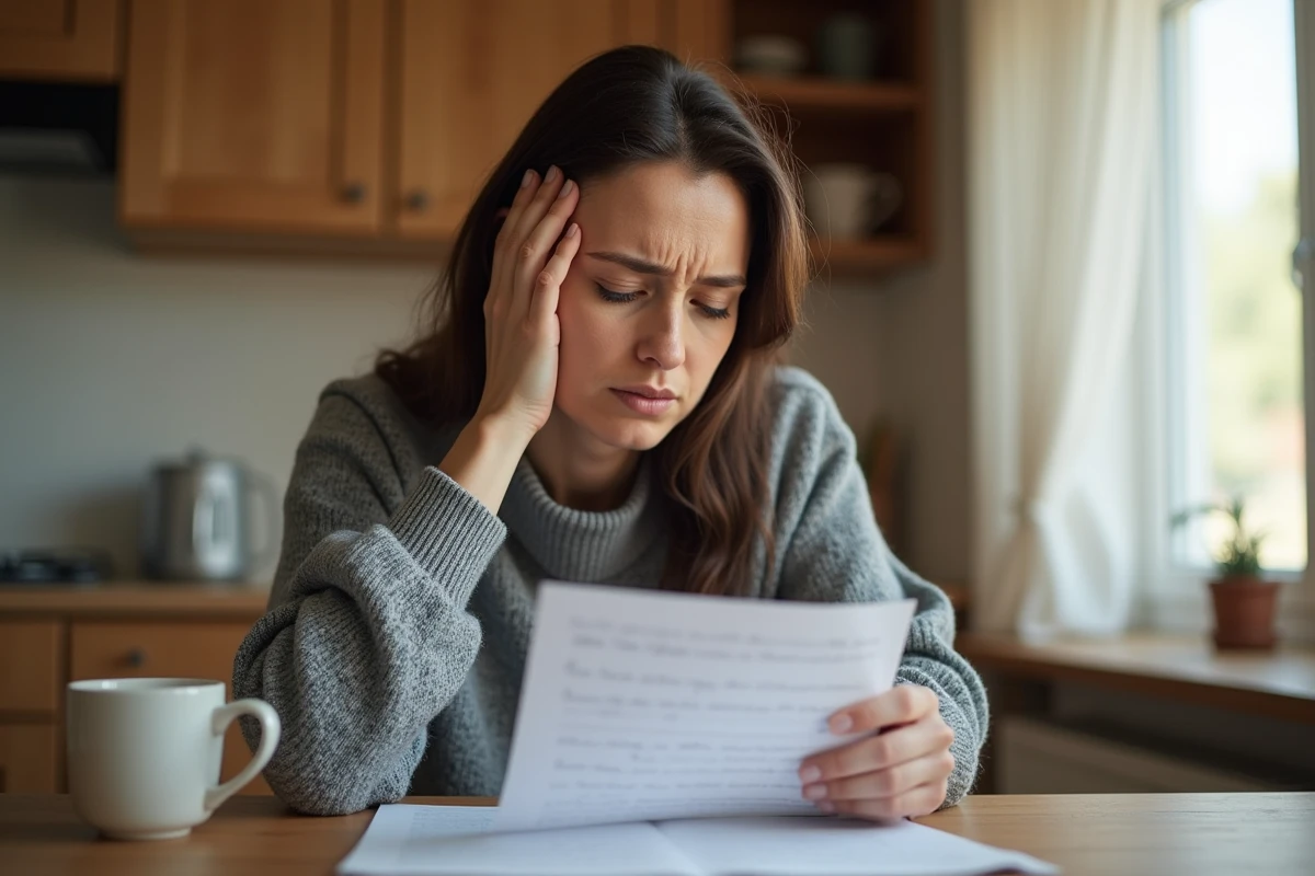 Femme stressée relisant une lettre d'absence scolaire à la table de cuisine