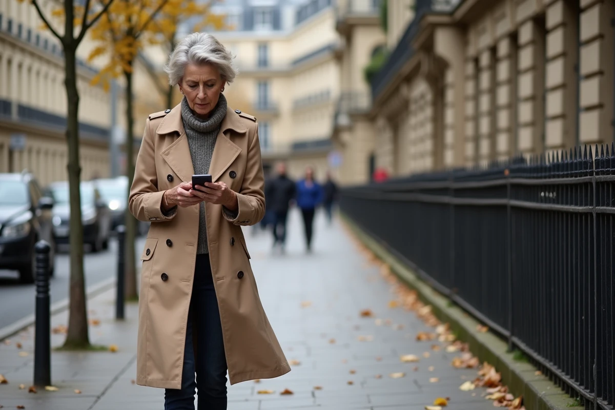 Femme en trench beige marche dans une rue parisienne automnale