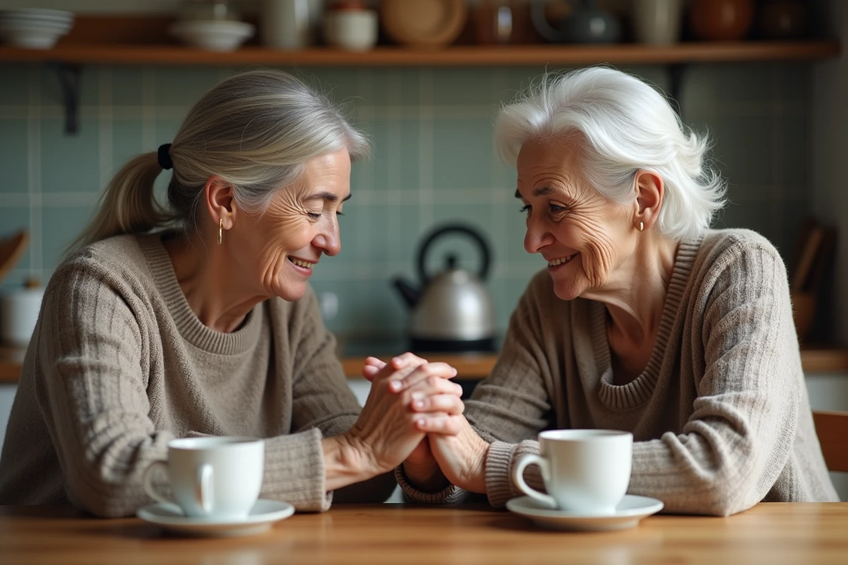 Femme et mère âgée se tenant la main à la table de cuisine