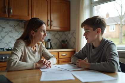 Femme et son fils regardent des papiers officiels à la cuisine