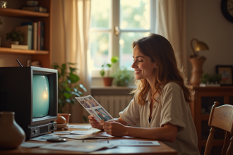 Femme souriante regardant des photos d'enfance sur une vieille télé