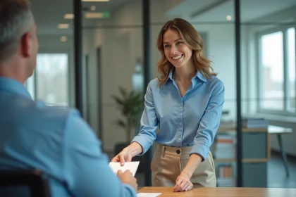 Femme souriante offrant une carte d anniversaire au bureau