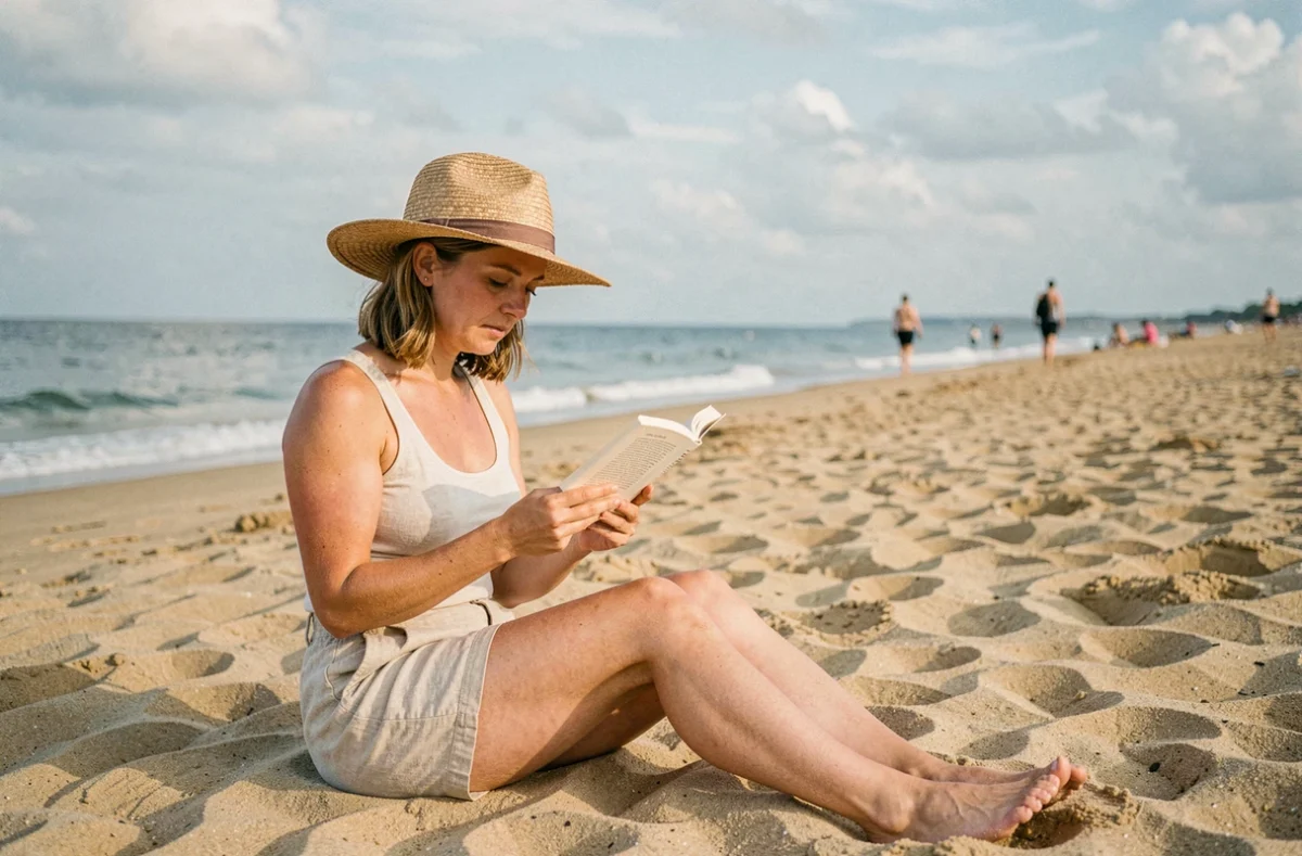 Femme sereine lisant sur une plage naturiste déserte, illustrant la liberté de s'affranchir du regard des autres dans un cadre naturel apaisé