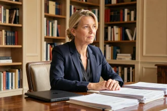 Femme professionnelle française en blazer marine assise à un bureau parisien, évoquant le monde médiatique et journalistique