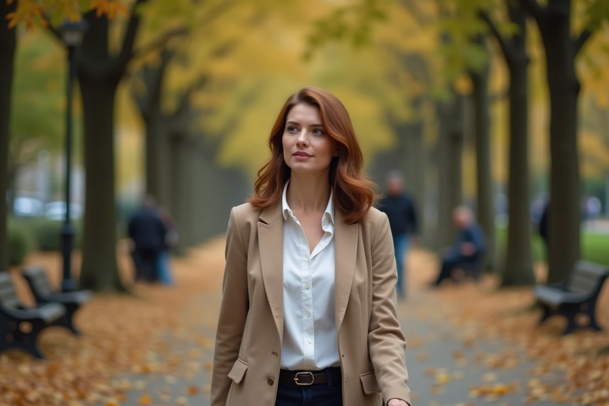Femme élégante se promenant dans un parc en automne, illustrant la réflexion sur les projets personnels et familiaux