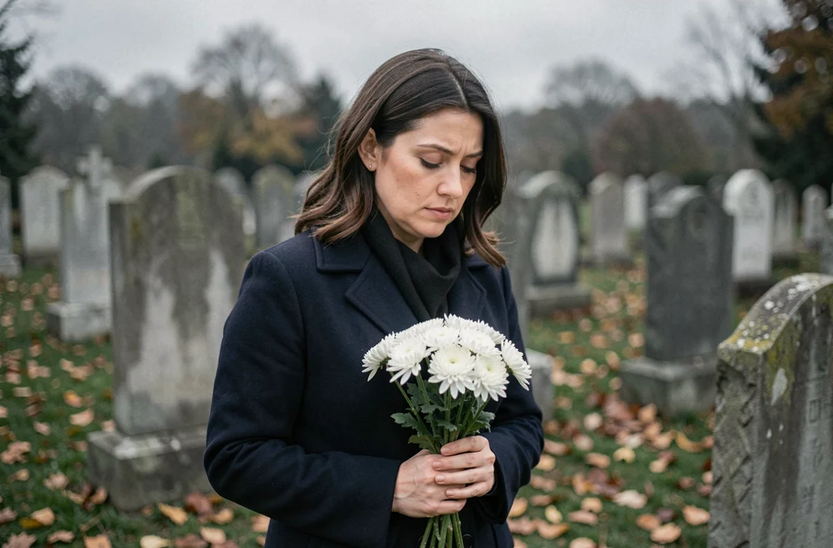 Femme recueillie dans un cimetière tenant un bouquet de chrysanthèmes blancs en hommage à sa tante