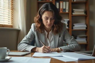 Femme stressée rédigeant un courrier pour congé parental avec des documents éparpillés sur son bureau