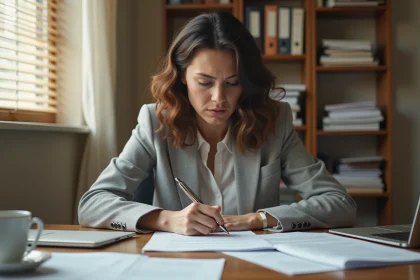 Femme stressée rédigeant un courrier pour congé parental avec des documents éparpillés sur son bureau