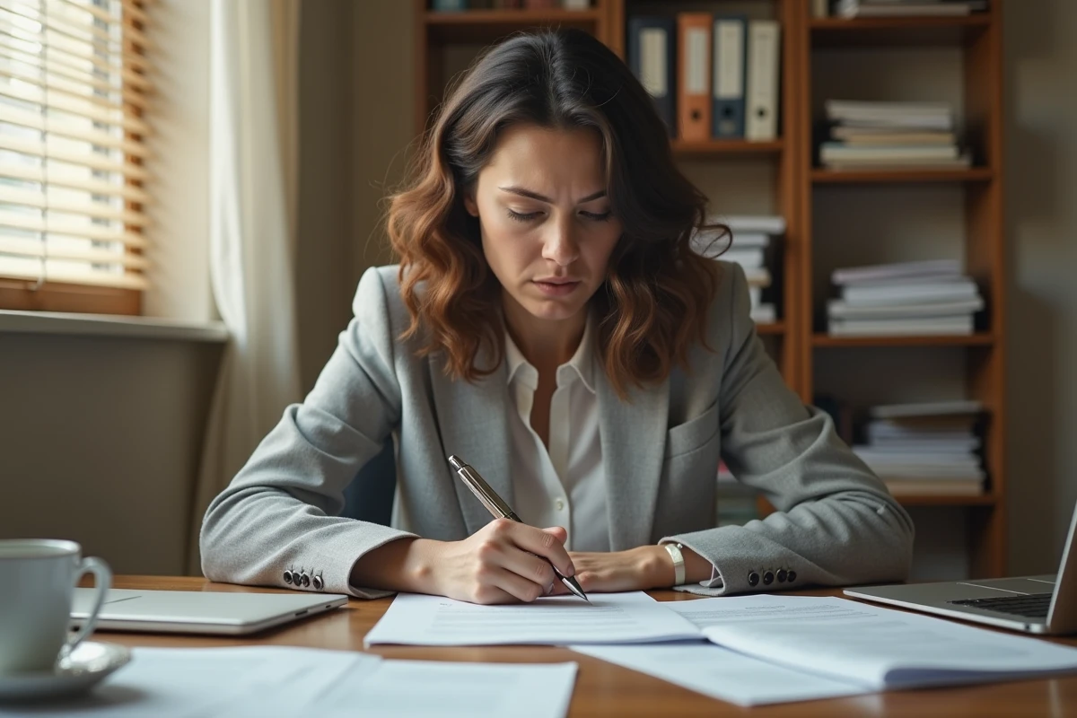 Femme stressée rédigeant un courrier pour congé parental avec des documents éparpillés sur son bureau