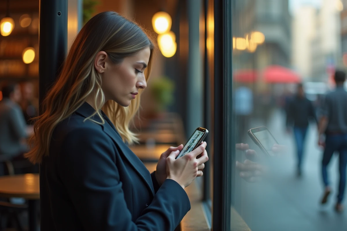 Femme regardant son smartphone pr&egrave;s d