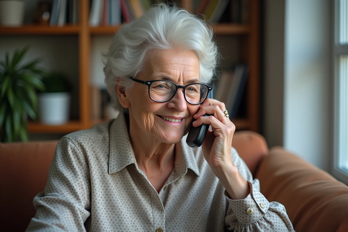 Femme retraitée utilisant un téléphone sans fil dans le salon