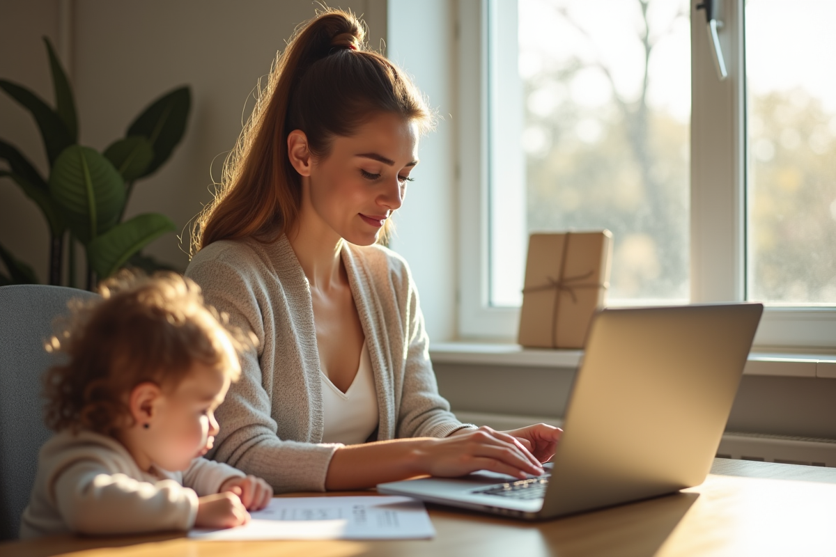 Femme confiante travaillant à domicile avec un enfant à côté
