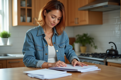 Femme d'&acirc;ge moyen triant des enveloppes dans la cuisine