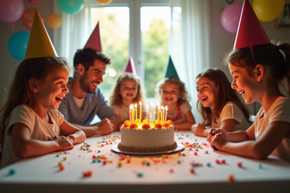 Famille heureuse autour d'une table d'anniversaire décorée