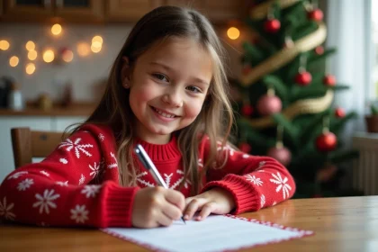 Jeune fille souriante &eacute;crivant une lettre &agrave; Santa Claus