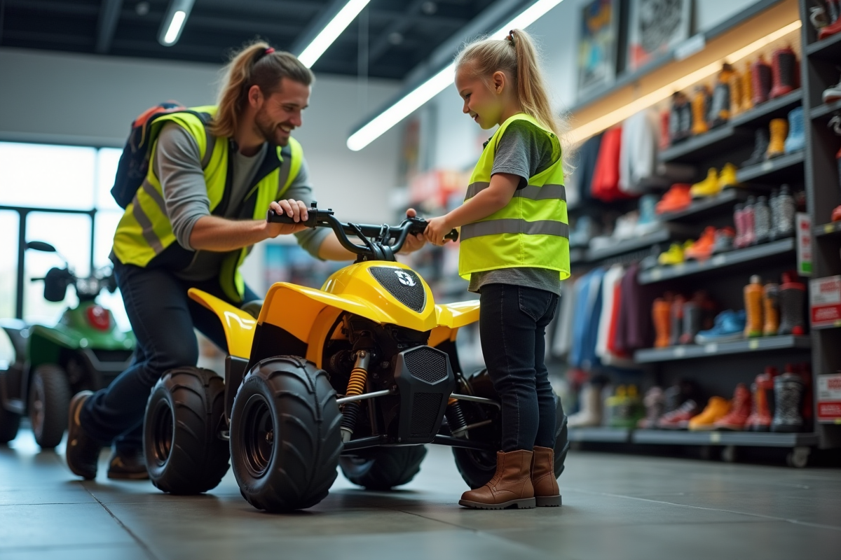 Fille de 10 ans inspectant un quad dans un magasin de sport