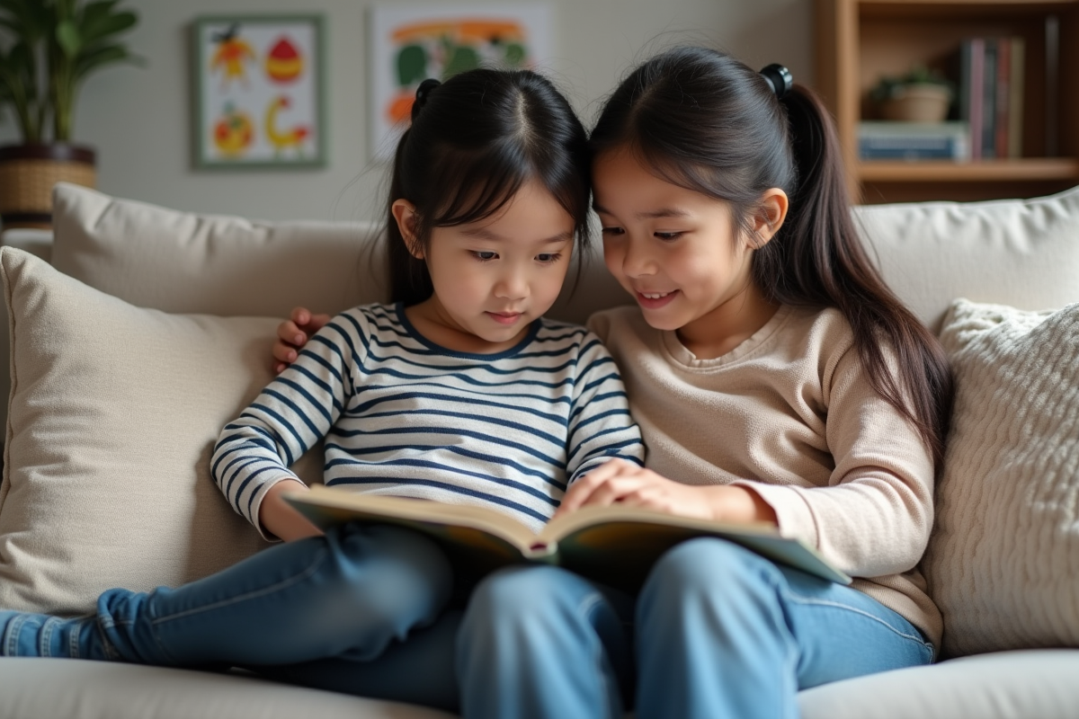 Fille et mère lisant un livre dans le salon