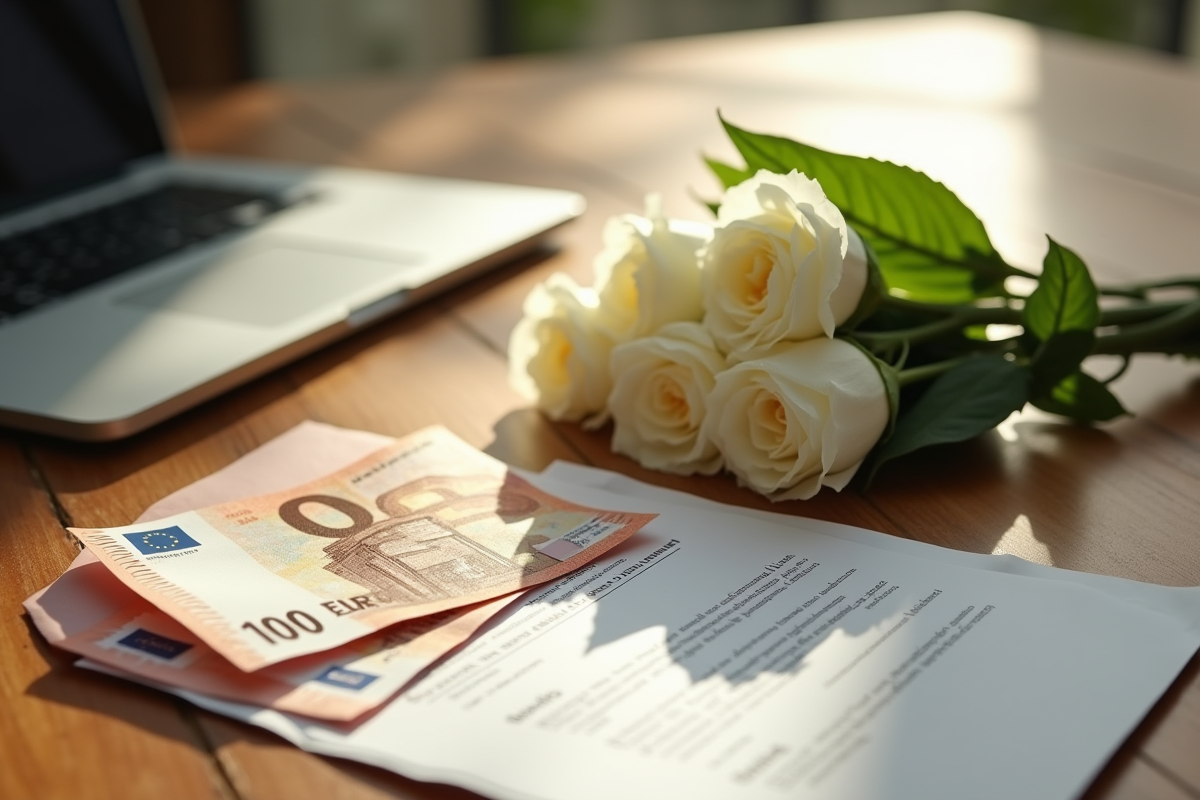 Bouquet de fleurs blanches avec billets et papiers sur table en bois