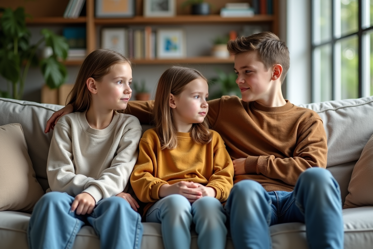 Trois freres assis sur un canapé dans un salon minimaliste