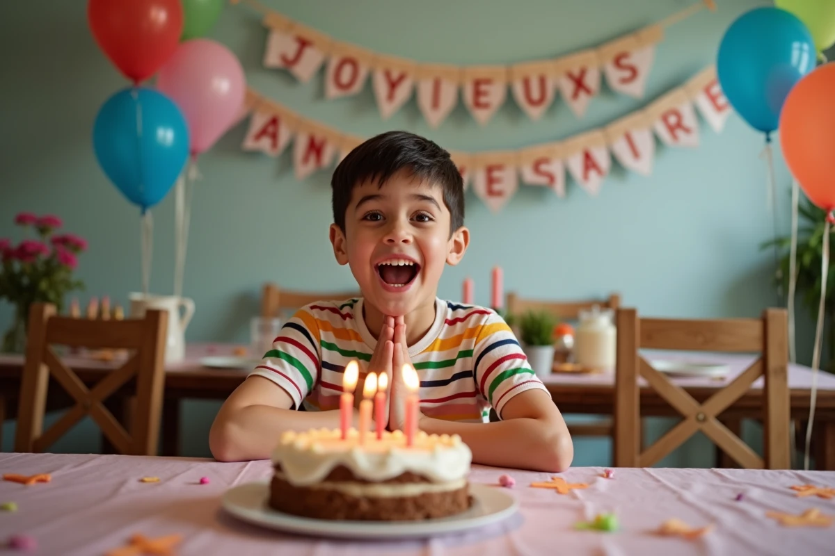 Garçon de 8 ans souriant devant un gâteau d'anniversaire avec des bougies et des ballons colorés