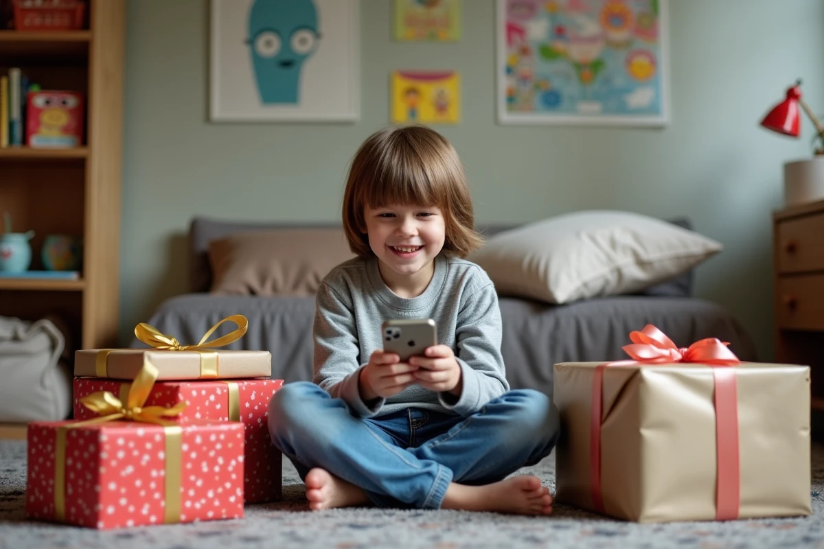Garçon de 8 ans assis parmi des cadeaux d'anniversaire en lisant un message WhatsApp sur smartphone