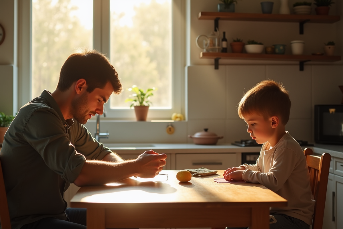 Garçon écoutant son père apprendre la cuisine à la maison