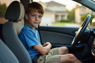 Garçon de 10 ans attachant sa ceinture dans la voiture