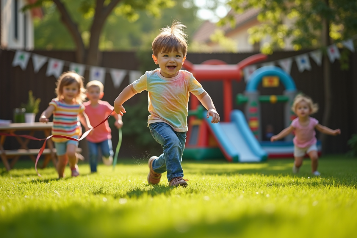 Garçon de 4 ans courant dans le jardin lors d