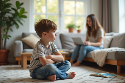 Garçon de 7 ans frustré assis sur le tapis du salon
