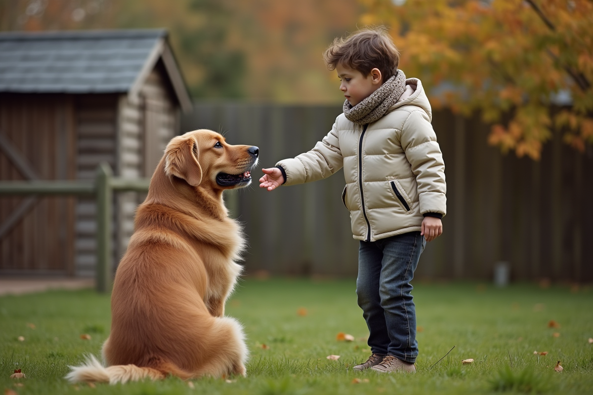 Jeune homme avec chien dans un jardin paisible
