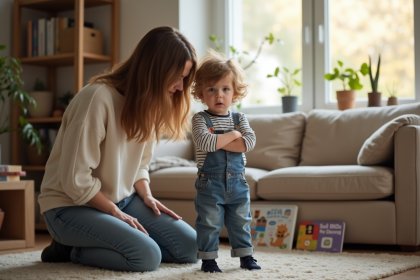 Garçon de trois ans avec sa mère dans un salon chaleureux