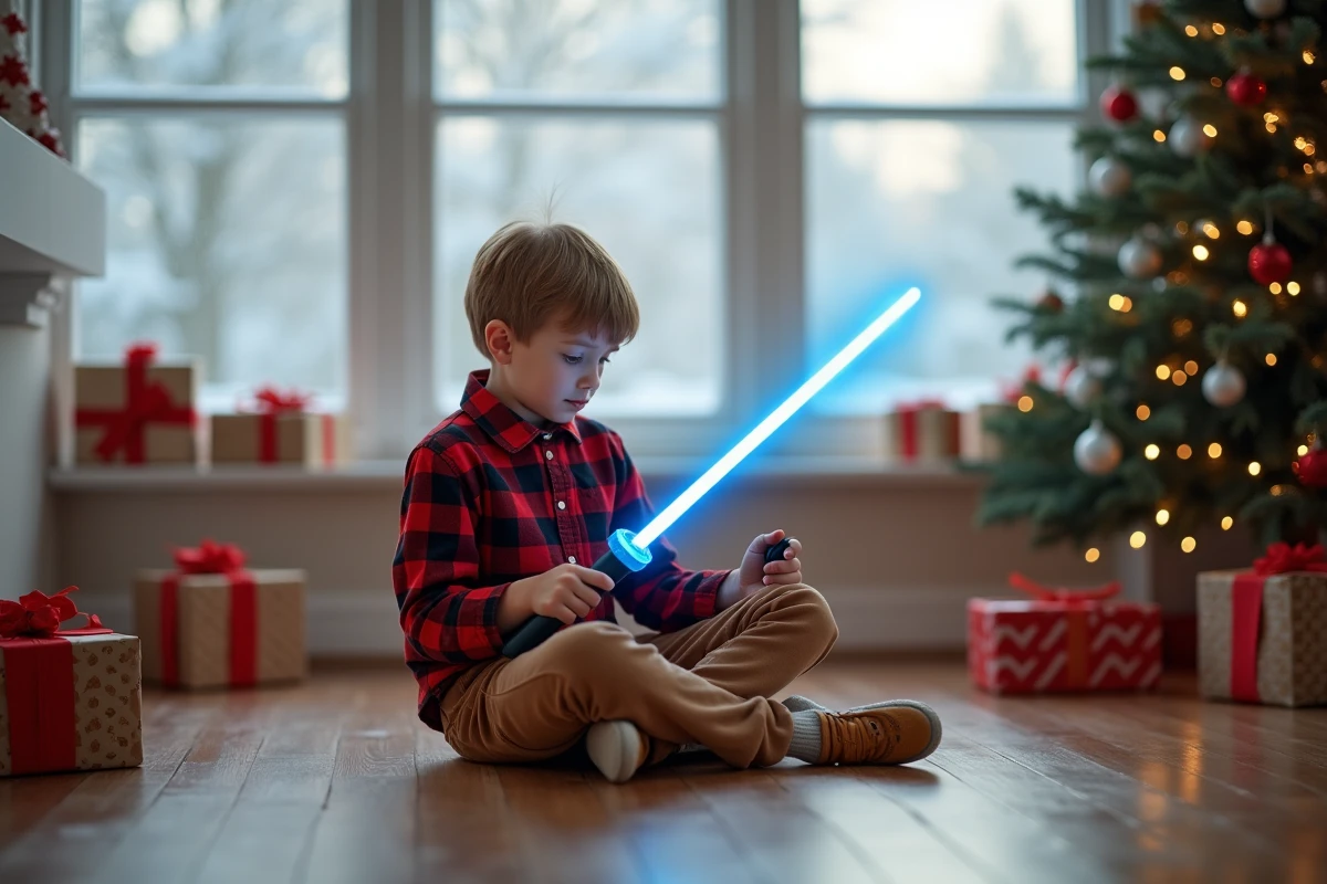 Gar&ccedil;on regardant son sabre laser bleu dans une pi&egrave;ce enneig&eacute;e