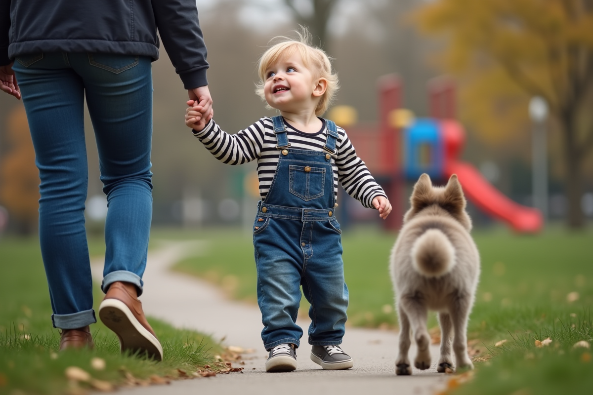 Garçon de deux ans avec sa mère dans un parc urbain