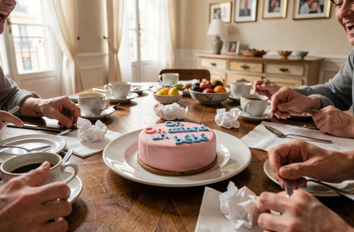 Gâteau d'annonce de grossesse décoré posé sur la table du repas familial dominical avec réactions de surprise en arrière-plan